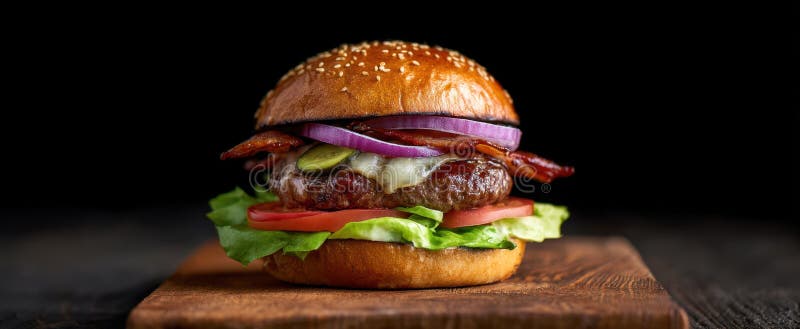 Burgerul de apă de gură cu brânză de bacon și legume proaspete pe o placă de lemnImagine generată de AI royalty free stock image