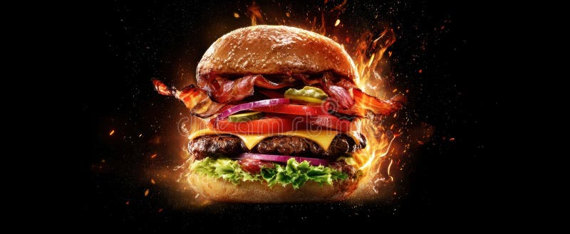 Burgerul de apă de gură cu brânză de bacon și topping-uri proaspete pe displayAI generate imagine stock photo