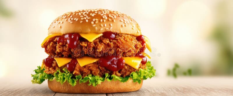 Burgerul de apă de gură cu brânză de pui crocantă și topping-uri proaspete gata să se bucure de o imagine generată de AI stock image