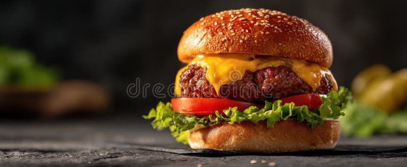 Burgerul de apă de gură cu brânză topită și ingrediente proaspete gata să se bucure de imaginea generată de AI stock photography