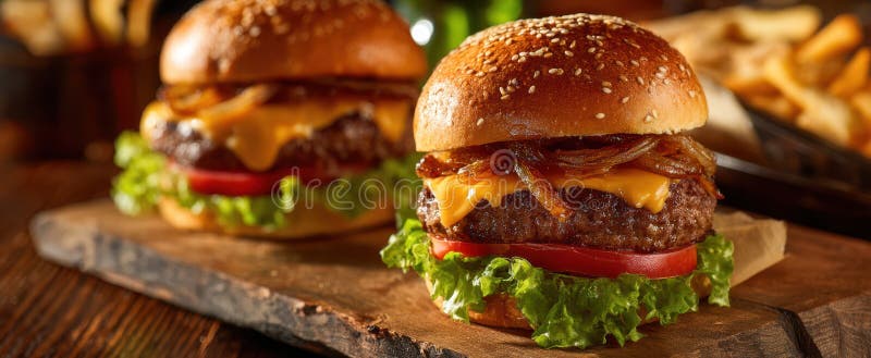 Burgerul de apă de gură cu brânză topită și topping-uri proaspete pe o placă rusticăImagine generată de AI royalty free stock images