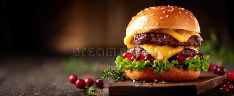 Burgerul de apă de gură cu brânză și ingrediente proaspete pe un fundal rustic din lemnImagine generată de AI stock photos