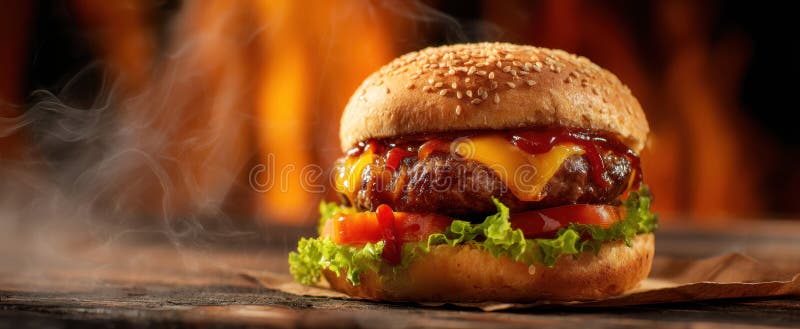 Burgerul de apă de gură cu brânză și topping-uri proaspete pe un fundal înflăcăratImagine generată de AI royalty free stock photos