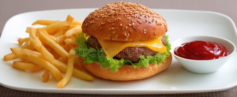 Burgerul de apă de gură cu cartofi prăjiți crocanți și ketchup pe o placă albăImagine generată de AI royalty free stock photography