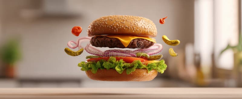 Burgerul de apă de gură cu ingrediente proaspete care plutesc într-o bucătărie modernă. imagine generată de AI stock images