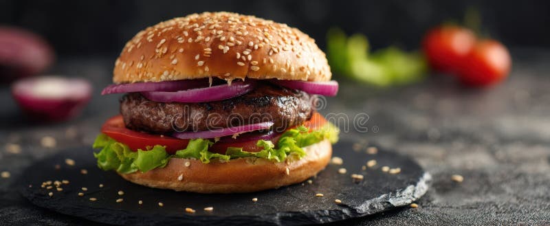 Burgerul de apă de gură cu ingrediente proaspete pe un fundal întunecatImagine generată de AI stock photos
