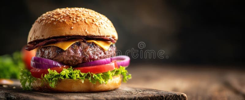 Burgerul de apă de gură cu ingrediente proaspete și arome bogate. imagine generată de AI royalty free stock photography