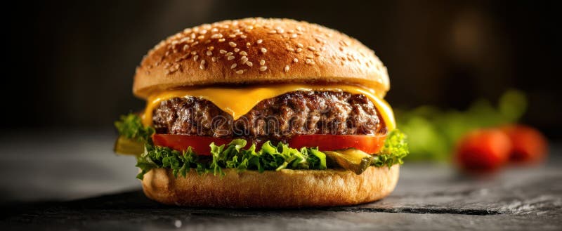 Burgerul de apă de gură cu salată de brânză și roșii pe o masă din lemnAI imagine generată stock photos