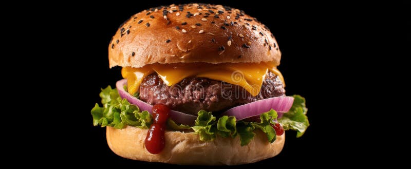 Burgerul de apă de gură cu salată de brânză și topping-uri proaspete pe un fundal întunecatImagine generată de AI royalty free stock images