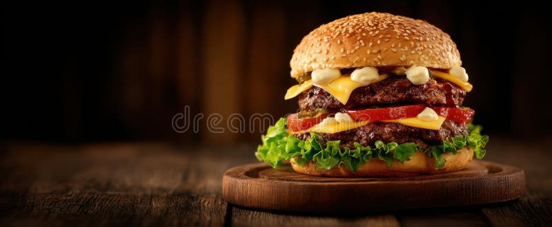 Burgerul de apă de gură cu straturi de carne și topping-uri proaspete. imagine generată de AI royalty free stock photography