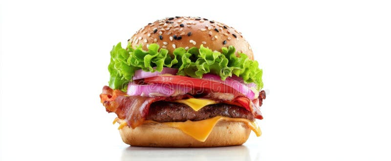 Burgerul de apă de gură cu straturi de ingrediente proaspete și arome savuroaseImagine generată de AI stock photo