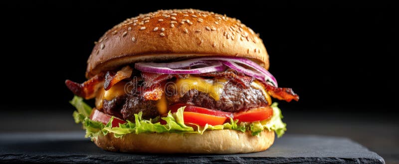 Burgerul de apă de gură cu topping-uri delicioase și ingrediente savuroaseImagine generată de AI stock photo