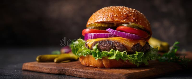 Burgerul de apă de gură cu topping-uri proaspete pe o placă de lemn. imagine generată de AI stock images