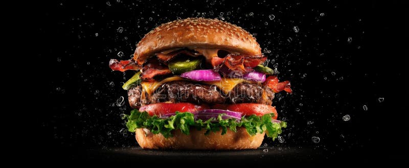 Burgerul de apă de gură cu șuncă de brânză și legume proaspete pe un fundal negruImagine generată de AI stock photo