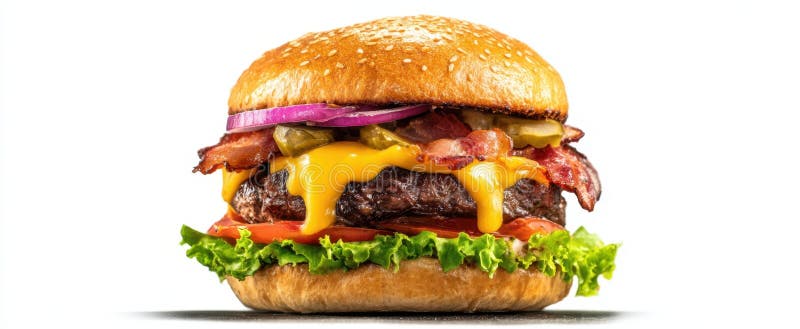 Burgerul de apă de gură se revarsă cu topping delicios și brânză topită. imagine generată de AI royalty free stock photography