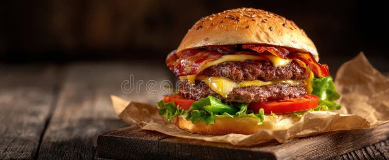Burgerul de apă de gură stivuit cu chiftele suculente și slănină crocantăAI generat imagine stock photo