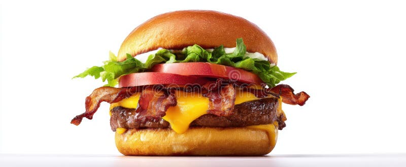 Burgerul de apă de gură stivuit cu salată de bacon și toppinguri de roșiiImagine generată de AI stock photography