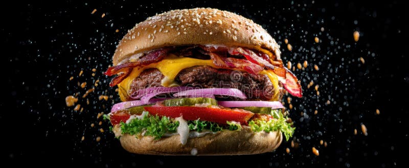Burgerul de apă de gură împodobit cu ingrediente proaspete și topping-uri savuroaseImagine generată de AI stock photography