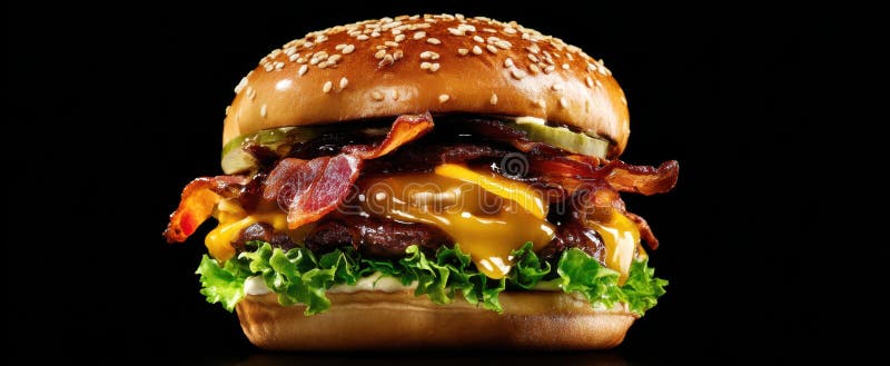 Burgerul de apă de gură încărcat cu brânză de bacon și ingrediente proaspeteImagine generată de AI royalty free stock photography