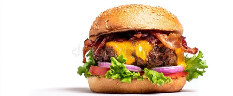 Burgerul de apă de gură încărcat cu brânză de bacon și legume proaspeteImagine generată de AI royalty free stock image
