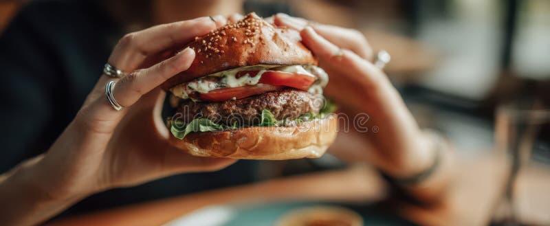 Burgerul de apă de gură ținut în mâini gata să se bucure de imagine generată de AI royalty free stock photography