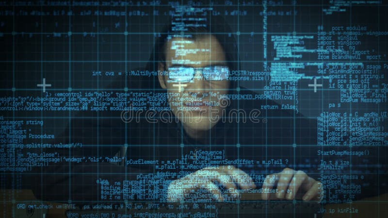 Burglar hacking into computer with matrix. Computer matrix video