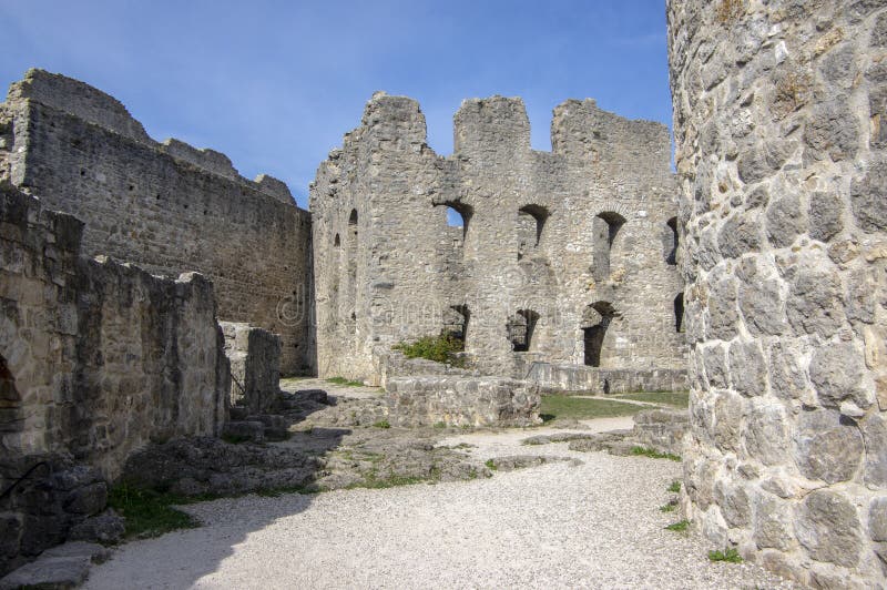 Burgruine Wolfstein old castle ruins with tower, blue sky