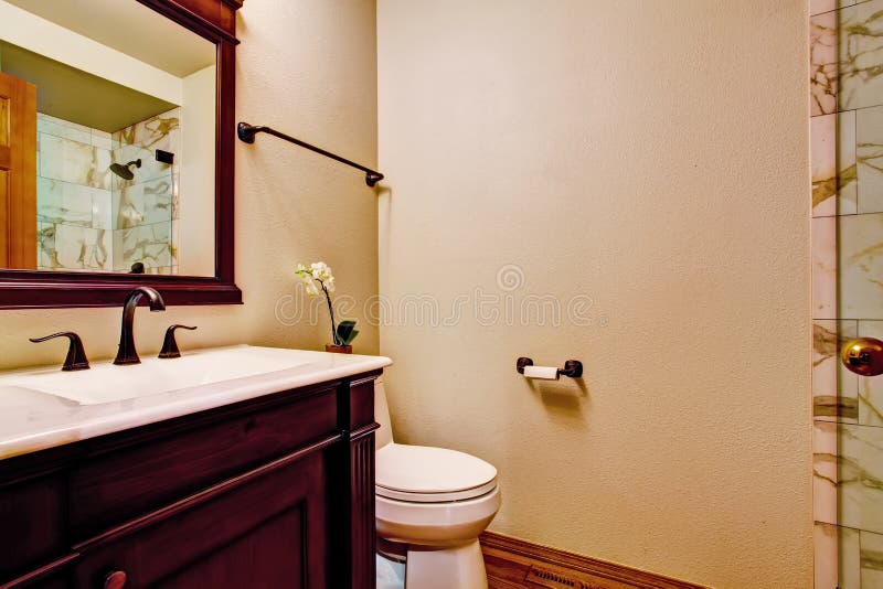 Burgundy Bathroom Vanity Cabinet White Sink Stock Photos