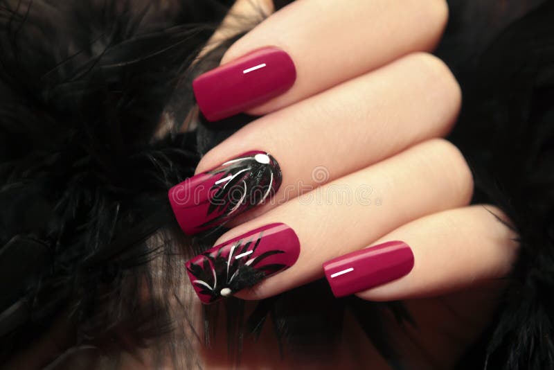 burgundy manicure design nails feathers 46277874