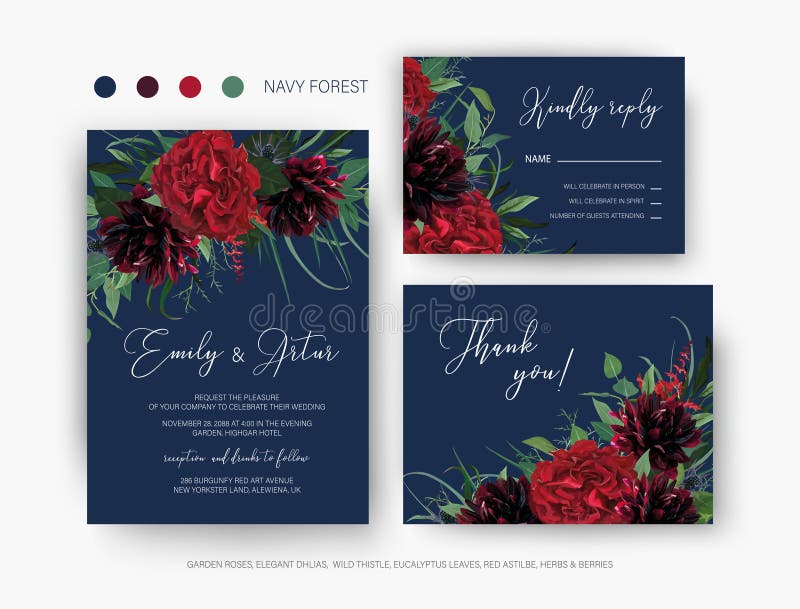 Burgundy red and greenery floral wedding vector set. Invite, rsvp, thank you card. Elegant red garden rose flower, wine dahlias