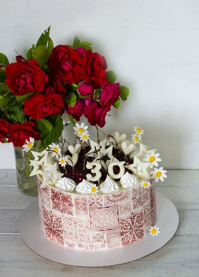 Burgundy Stencil Cake with Roses for 30th Anniversary Stock Photo