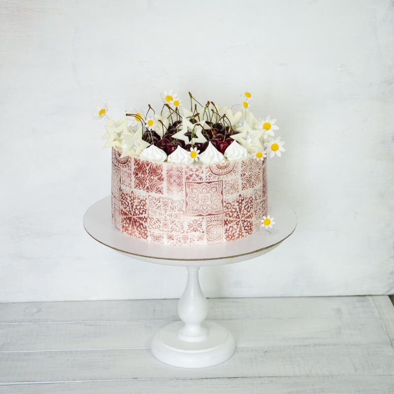 Burgundy Stencil Cake with Roses for 30th Anniversary Stock Photo