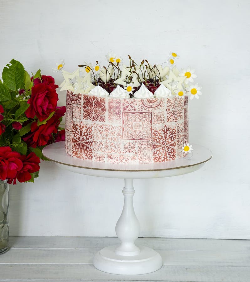 Burgundy Stencil Cake with Roses for 30th Anniversary Stock Photo