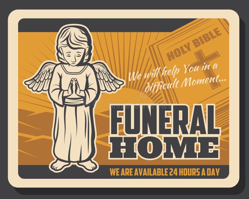 Funeral service, burial and farewell ceremony organization agency retro poster. Vector holy bible with christian crucifixion cross and angel in grief, cremation columbarium and funeral hearse services. Funeral service, burial and farewell ceremony organization agency retro poster. Vector holy bible with christian crucifixion cross and angel in grief, cremation columbarium and funeral hearse services