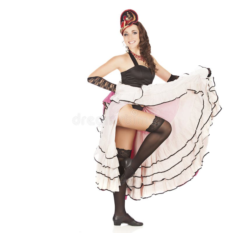 Burlesque Tänzer mit rotem langem Kleid für können-kann lizenzfreie stockfotografie Burlesque Tänzer mit rotem langem Kleid für können-kann lizenzfreie stockfotografie