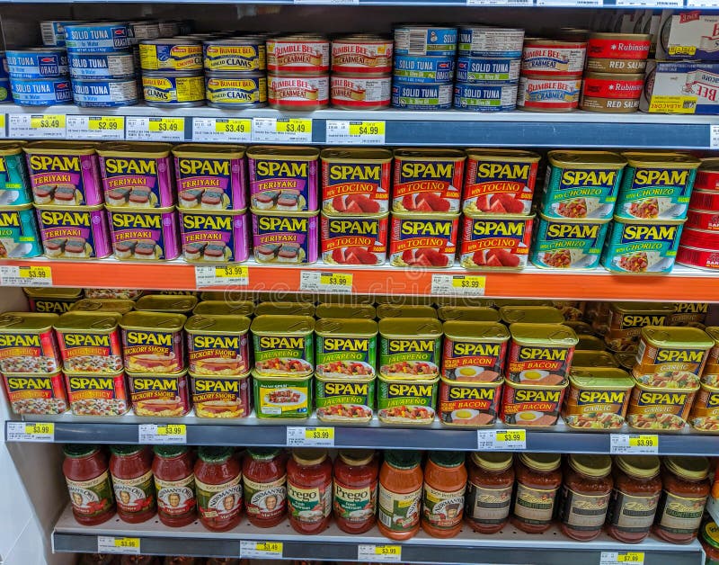 BURLINGTON, MA / USA - 7 JUILLET 2019 : Saveurs de pourriel, ou jambon épicé, sur l'étagère au magasin spécialisé des aliments, l photos libres de droits BURLINGTON, MA / USA - 7 JUILLET 2019 : Saveurs de pourriel, ou jambon épicé, sur l'étagère au magasin spécialisé des aliments, l photos libres de droits
