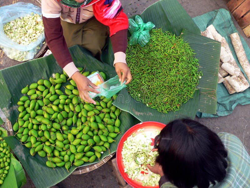 Burma (Myanmar). Fresh Vegetable Market Trading between buyer and seller. Food vendor sold stock images, royalty-free photos and pictures
