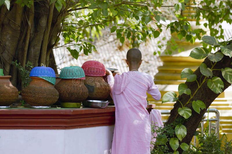 Burmese girl monk getting fresh water from a terracotta pot at the Rangoon Buddhist Monastery, Yangon Rangoon stock photos