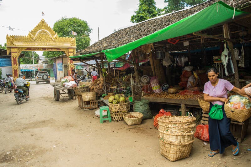 Burmese Nyaung-U market, with stalls selling different items, near Bagan, Myanmar stock photos Burmese Nyaung-U market, with stalls selling different items, near Bagan, Myanmar stock photos