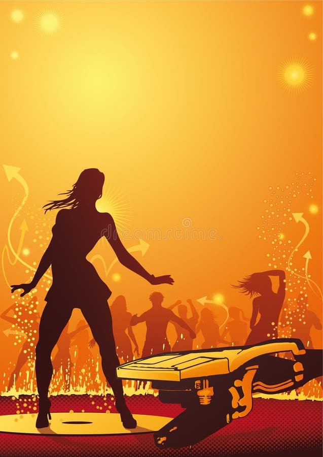 Woman dancing in front of an abstract, burning club scene. Woman dancing in front of an abstract, burning club scene.