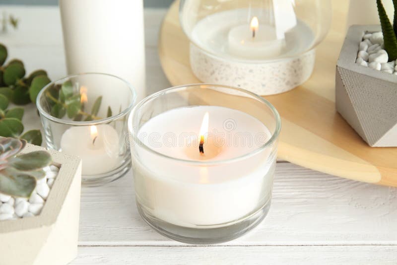 Burning Aromatic Candle and Plants Stock Photo Image of candlelight, relax 150331416