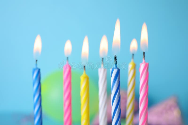 Set with Burning Birthday Candles on Background. Banner Design Stock