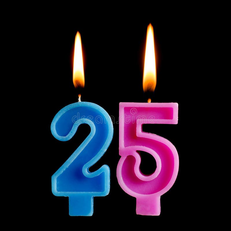 Burning birthday candles in the form of 25 twenty five figures for cake on black background. The concept of celebrating a