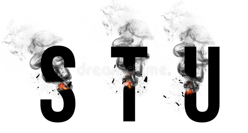 Burning black letters  S, T, U. Smoke Font. Alphabet breaks down with small fire and smoke. Illustration.