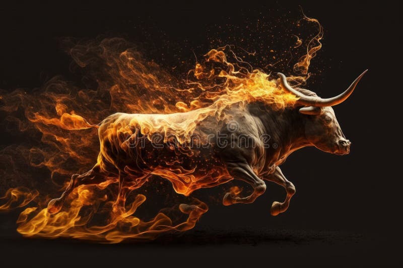 Burning Bull on Black Background. Fire and Fire Concept Stock Illustration Illustration of