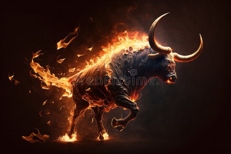 Burning Bull on Black Background. Fire and Fire Concept Stock Illustration Illustration of