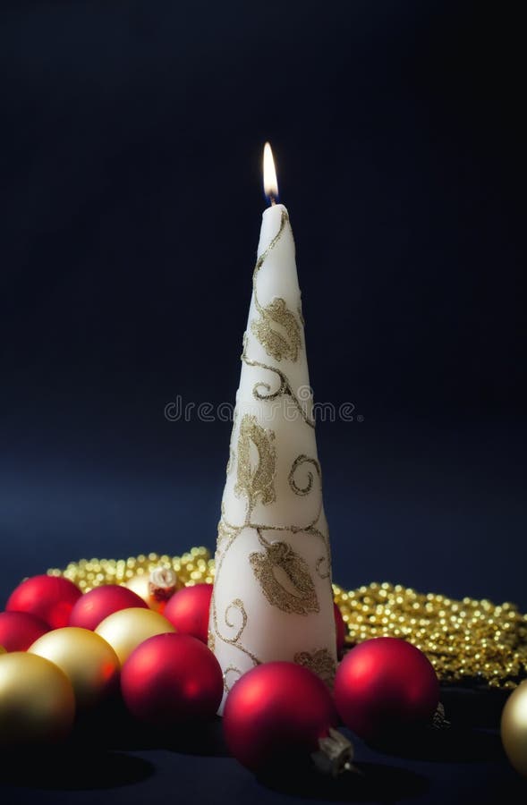 Burning Candle with Christmastree Decorations Stock Photo Image of