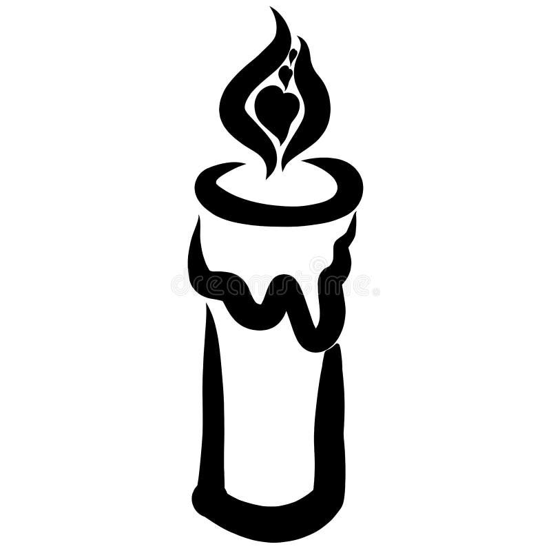 Burning candle with hearts in the flame, black pattern.