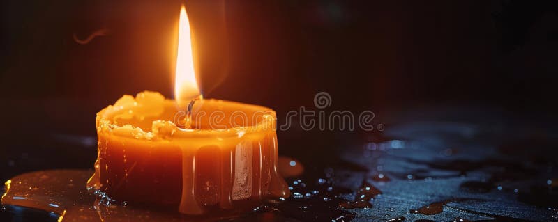 Burning candle with melted wax on dark background stock photography