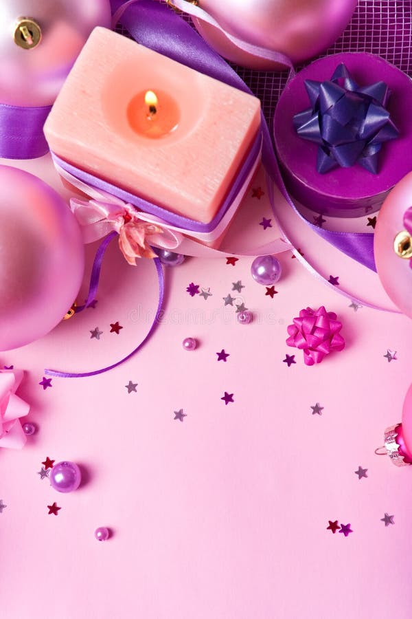 Burning Candle and New Year S Decor in Violet Stock Image Image of